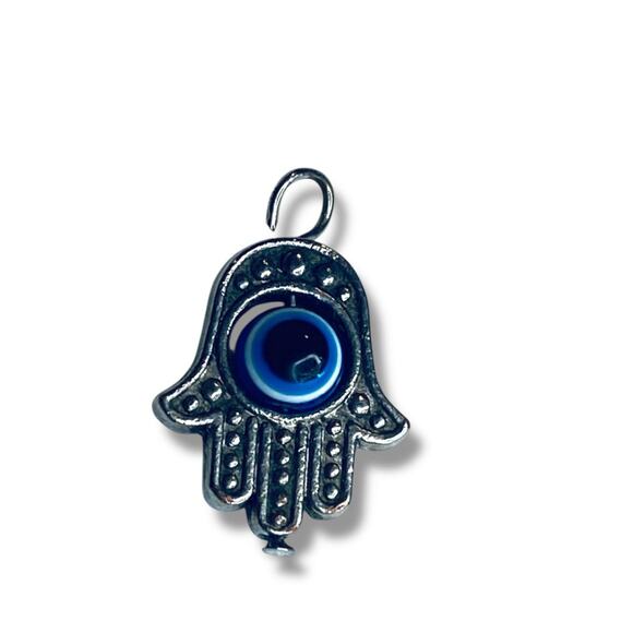 Hamsa Hand Small Pendant Silvertone Blue Swiveling Evil Eye 17mm (.6") - Picture 3 of 4